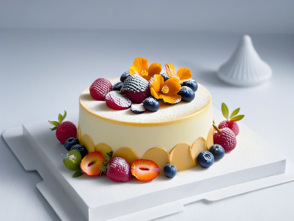  A closeup, ultrahigh resolution image of a delicate, intricately designed pastry displayed on a simple, elegant white plate. The pastry is beautifully decorated with vibrant fruits, glossy glaze, and delicate edible flowers, showcasing impeccable craftsmanship and attention to detail. The image exudes elegance and sophistication, appealing to the audience's senses and highlighting the artistry and creativity involved in the pastry industry. hyperrealistic, full body, detailed clothing, highly detailed, cinematic lighting, stunningly beautiful, intricate, sharp focus, f/1. 8, 85mm, (centered image composition), (professionally color graded), ((bright soft diffused light)), volumetric fog, trending on instagram, trending on tumblr, HDR 4K, 8K