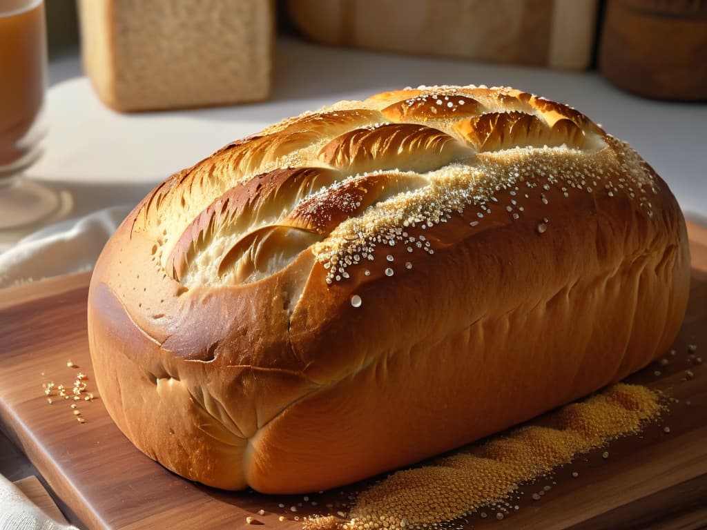  A photorealistic image of a freshly baked loaf of bread, with a golden crust that glistens under a soft light, showcasing the intricate texture of the bread's crumb with visible air pockets and a perfect, slightly chewy consistency. The background features a rustic wooden table with scattered wheat grains and a few droplets of water, emphasizing the importance of hydration in achieving the desired texture in breadmaking. hyperrealistic, full body, detailed clothing, highly detailed, cinematic lighting, stunningly beautiful, intricate, sharp focus, f/1. 8, 85mm, (centered image composition), (professionally color graded), ((bright soft diffused light)), volumetric fog, trending on instagram, trending on tumblr, HDR 4K, 8K