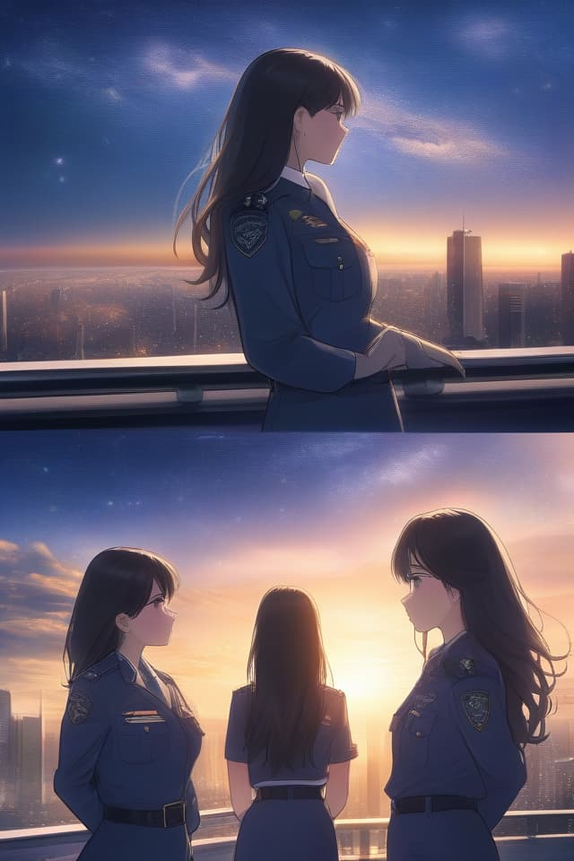  The night sky, sunset are also visible, in the city, there are multiple women in uniforms, looking up at the night sky