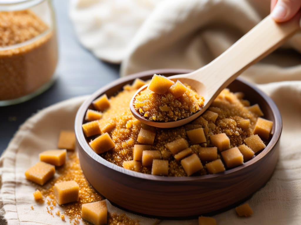  A closeup, ultradetailed image of a hand holding a small wooden spoon filled with goldenbrown coconut sugar crystals, with soft natural light illuminating the grains, showcasing their texture and color in exquisite detail. The background is blurred to highlight the organic and sustainable aspect of the sweetener, with hints of greenery and earthy tones subtly visible, creating a visually appealing and informative composition. hyperrealistic, full body, detailed clothing, highly detailed, cinematic lighting, stunningly beautiful, intricate, sharp focus, f/1. 8, 85mm, (centered image composition), (professionally color graded), ((bright soft diffused light)), volumetric fog, trending on instagram, trending on tumblr, HDR 4K, 8K