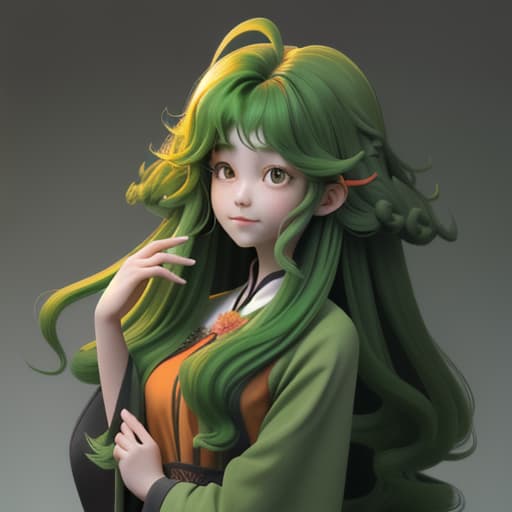  A girl with long hair curl leaves green and orange