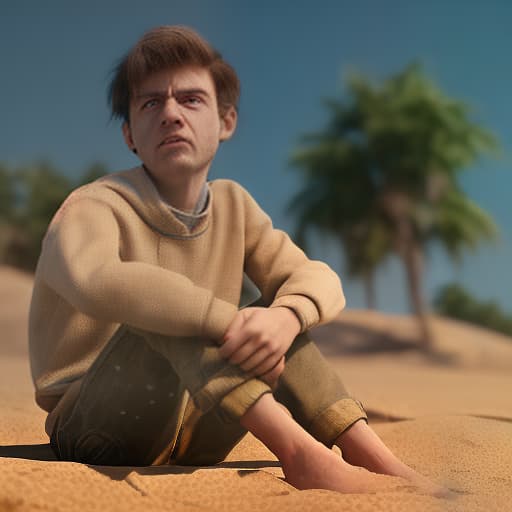 redshift style a miserable boy sit down on a sand and he has a sadly Face and bad clothes and bad hair