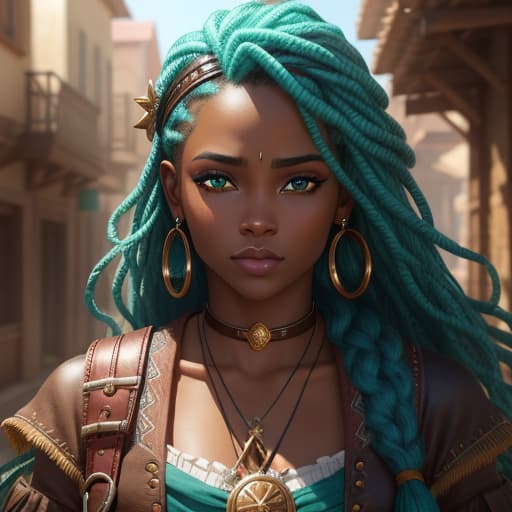  African female pirate with hazel eyes and teal colored hair , hyperrealistic, high quality, highly detailed, perfect lighting, intricate, sharp focus, f/1. 8, 85mm, (centered image composition), (professionally color graded), ((bright soft diffused light)), trending on instagram, HDR 4K, 8K