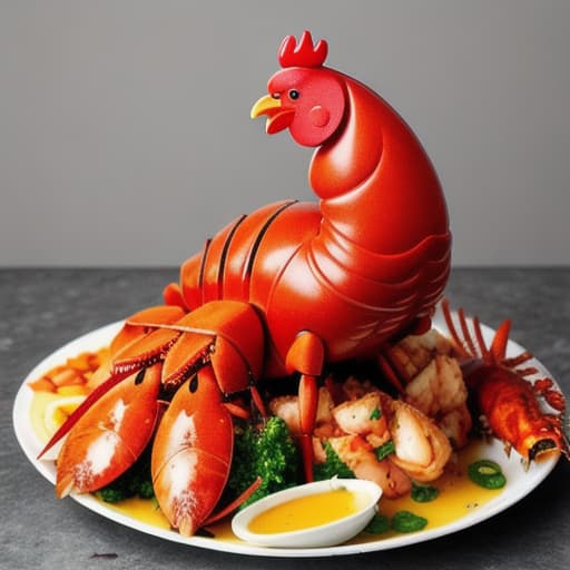  a chicken on top of a huge lobster