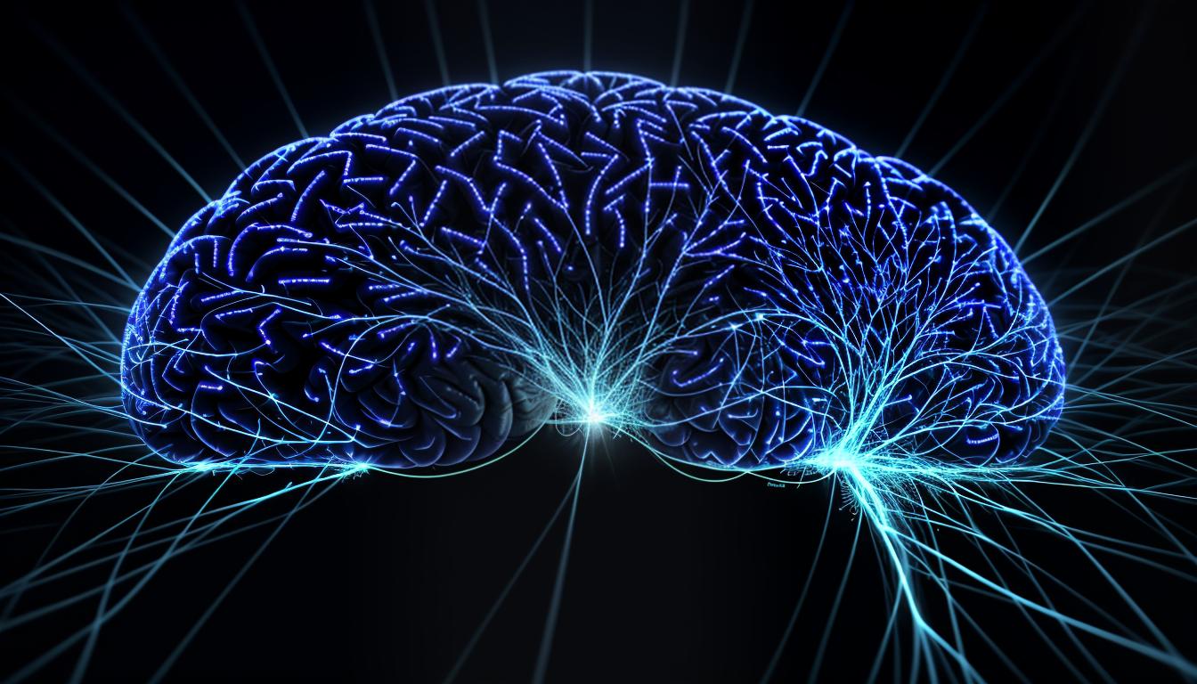  cinematic, neuro enlightenment, aesthetic, Cross section of a brain with detailed neurons, pathways illuminated, background showing a network of connected dots, psychological depth, complexity, intricacy, intellectual charm, 4k, HDR, sleek, modern design, vibrant, interactive visuals, contemporary aesthetics, highly engaging, mind expanding