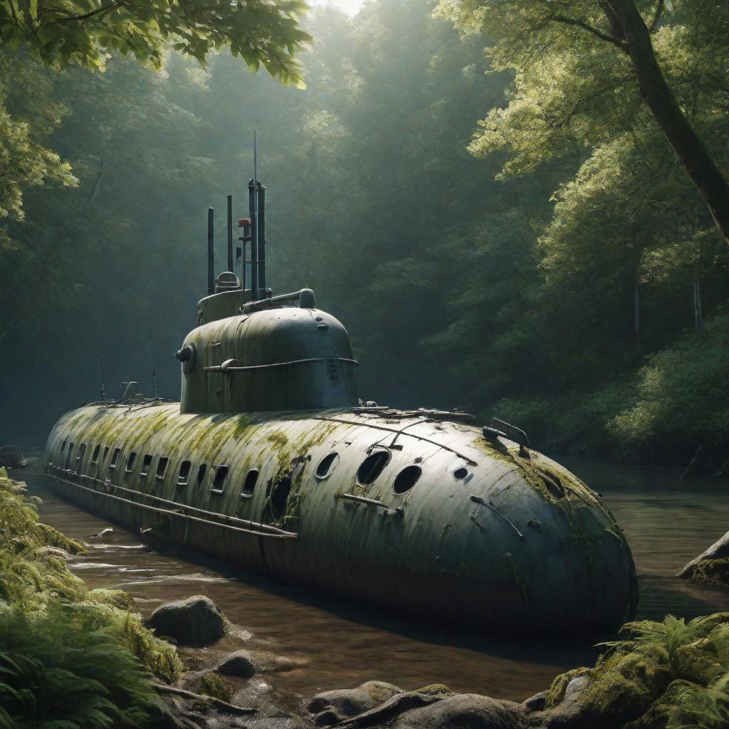  damaged submarine in a forest shore, super realistic, cinematic high detailed, ultra realistic, cute, hyper detail, full HD hyperrealistic, full body, detailed clothing, highly detailed, cinematic lighting, stunningly beautiful, intricate, sharp focus, f/1. 8, 85mm, (centered image composition), (professionally color graded), ((bright soft diffused light)), volumetric fog, trending on instagram, trending on tumblr, HDR 4K, 8K