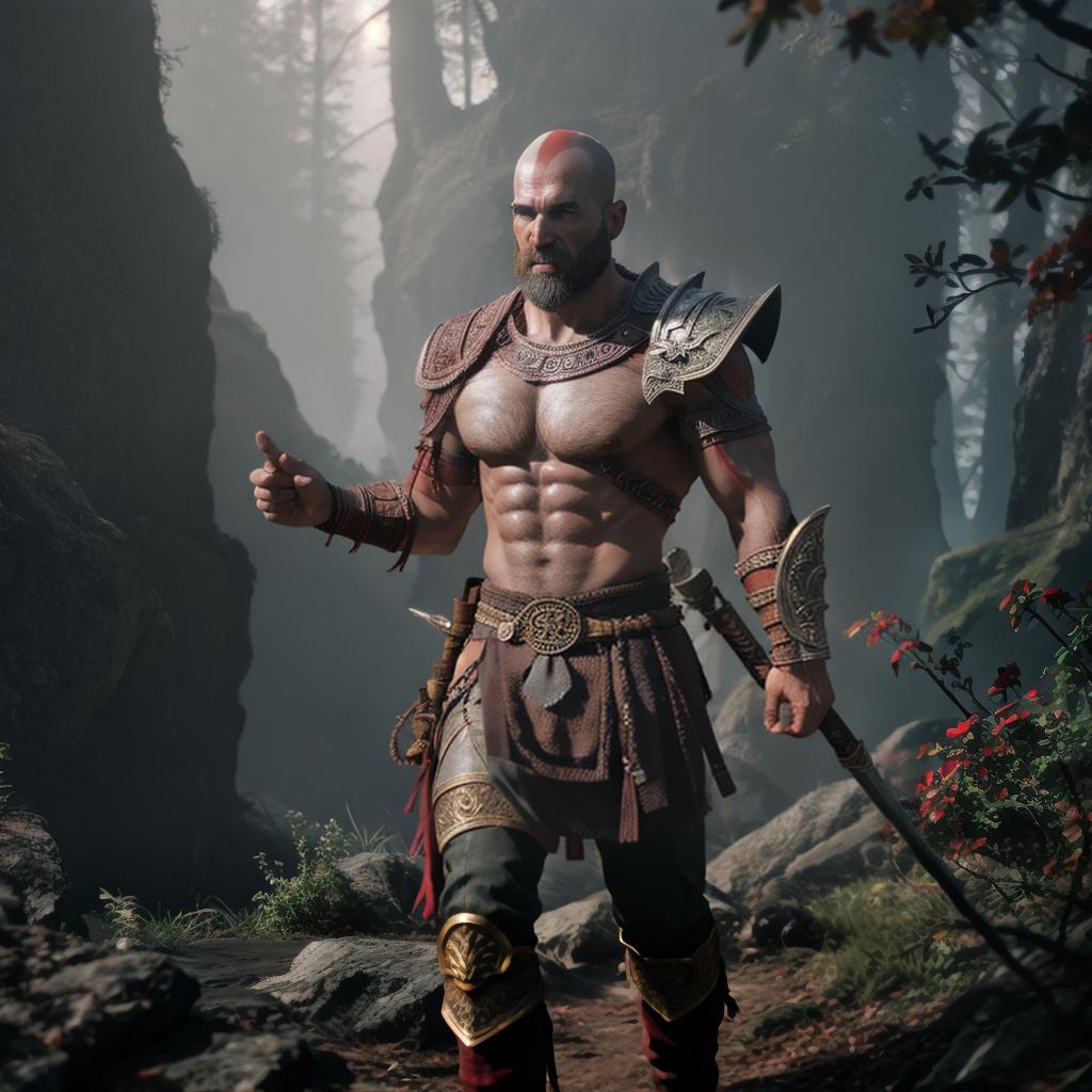  God of war hyperrealistic, full body, detailed clothing, highly detailed, cinematic lighting, stunningly beautiful, intricate, sharp focus, f/1. 8, 85mm, (centered image composition), (professionally color graded), ((bright soft diffused light)), volumetric fog, trending on instagram, trending on tumblr, HDR 4K, 8K