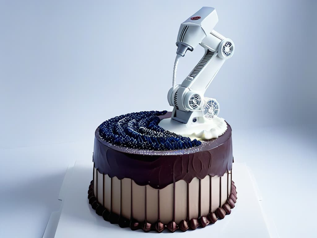  A sleek, futuristic robotic arm delicately piping intricate frosting designs onto a perfectly crafted cake, set against a clean white background. The precision and detail of the robot's movements showcase the seamless integration of technology in the realm of pastry making, embodying efficiency and innovation in ensuring food safety standards. hyperrealistic, full body, detailed clothing, highly detailed, cinematic lighting, stunningly beautiful, intricate, sharp focus, f/1. 8, 85mm, (centered image composition), (professionally color graded), ((bright soft diffused light)), volumetric fog, trending on instagram, trending on tumblr, HDR 4K, 8K