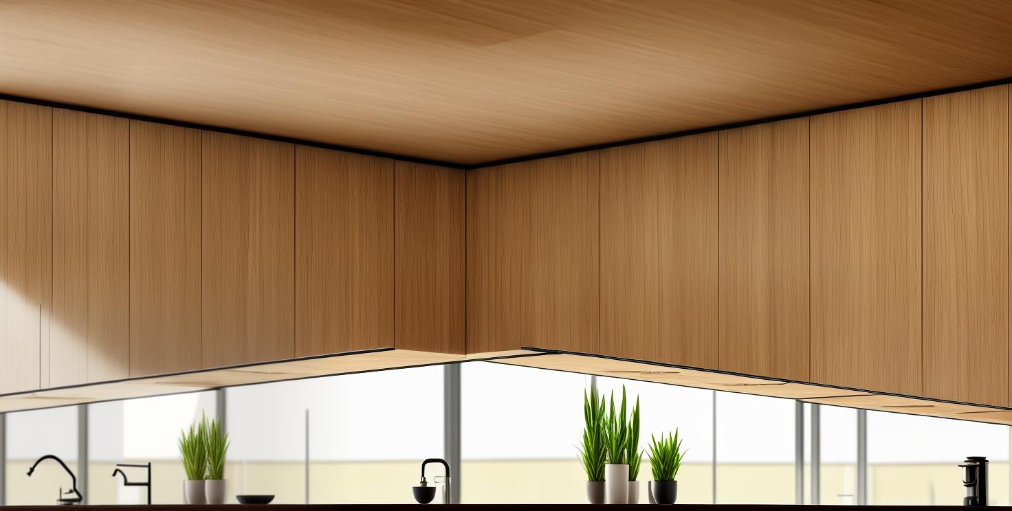  a luxury modern kitchen, real world, realistic, common, practical usage, lots of house plants, wooden ceiling, ceramic walls