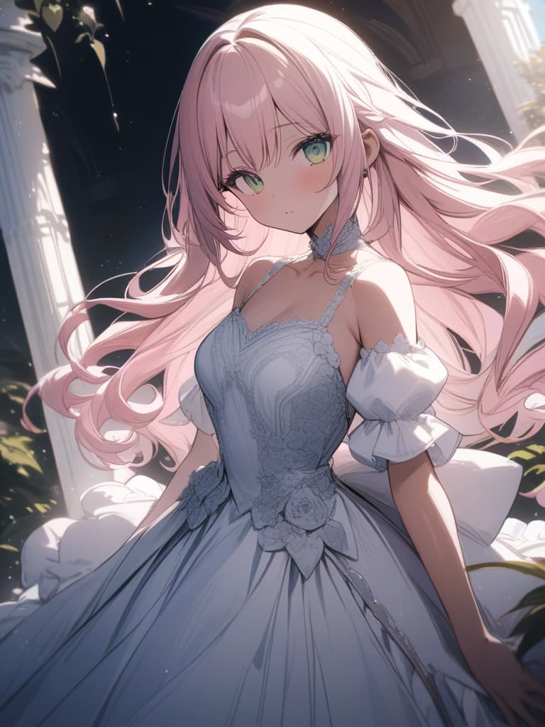  Masterpiece,delicate pink hair color,long fluffy hair,((( tanned skin)))1.5,green eye color,delicate eye color,delicate face,cute,princess,princess dress,ruffled,super high quality,8K, masterpiece, best quality,8k,ultra detailed,high resolution,an extremely delicate and beautiful,hyper detail