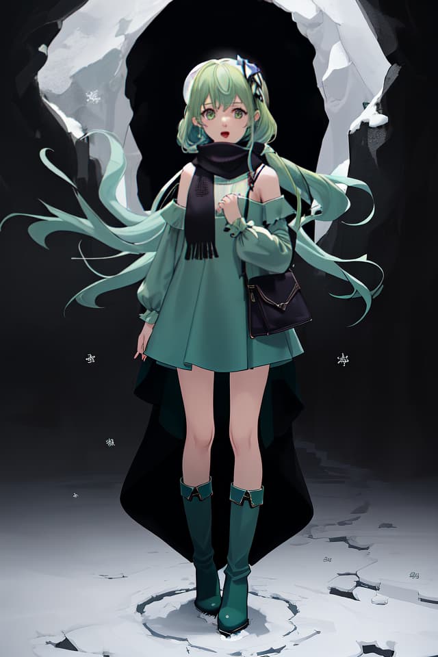  absurdres,highres,superlative,texture,contrast,top quality,masterpiece,(dark lighting,,deep shadow,snowing),pastel blue thema,(madeon) BREAK solo,,kawaii,happy,open mouth,:o,pastel green hair,long hair,hair on shoulders,scarf around neck,winter court,mini knit dress,long far boots,holding a small leather bag,both hands at ,