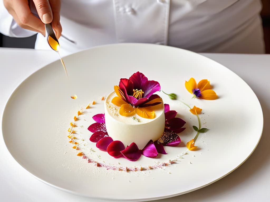  An ultradetailed image of a chef delicately sprinkling vibrant edible flower petals onto a beautifully plated dessert, with each petal perfectly placed to create a visually stunning and innovative flavor combination. The dessert is artfully arranged on a sleek, minimalist white plate, highlighting the intricate details and colors of the dish. The background is softly blurred to draw focus to the chef's precise and skilled hands as they add the final touch to this visually captivating and flavorenhancing creation. hyperrealistic, full body, detailed clothing, highly detailed, cinematic lighting, stunningly beautiful, intricate, sharp focus, f/1. 8, 85mm, (centered image composition), (professionally color graded), ((bright soft diffused light)), volumetric fog, trending on instagram, trending on tumblr, HDR 4K, 8K