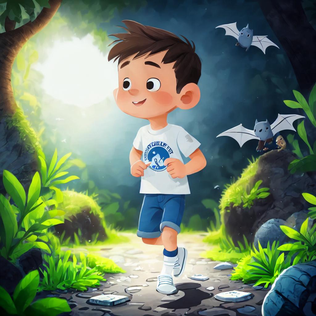  (best quality:1.5),(realistic:1.0), 1boy, short brown hair, white shirt, blue jeans, black shoe, runnig, cave full of bats, dim light