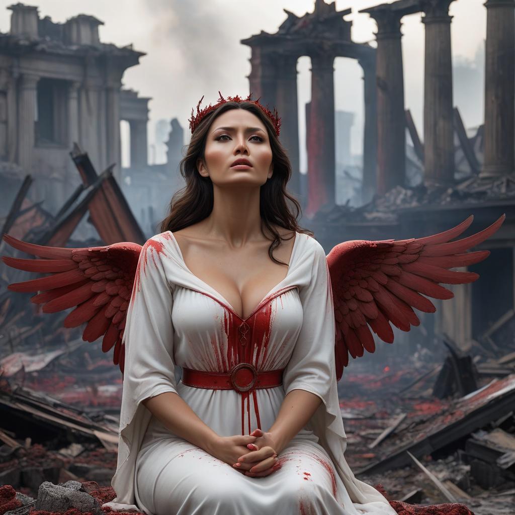  A an angel sits on her , in deep despair. In the backdrop of the ruined city, Her hands are raised up, and her wrists are painted with red paint, and her wings white, but the tips are burnt by fire. In her right hand, she holds a halo. hyperrealistic, full body, detailed clothing, highly detailed, cinematic lighting, stunningly beautiful, intricate, sharp focus, f/1. 8, 85mm, (centered image composition), (professionally color graded), ((bright soft diffused light)), volumetric fog, trending on instagram, trending on tumblr, HDR 4K, 8K