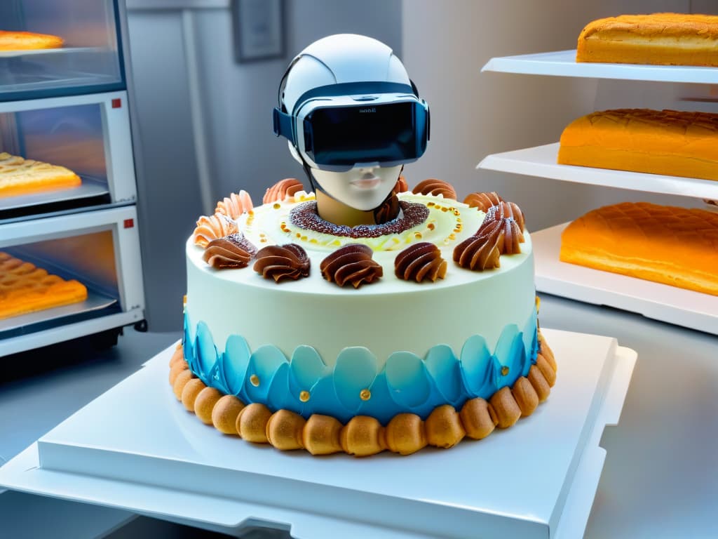  A photorealistic image of a professional pastry chef wearing a futuristic augmented reality headset, surrounded by holographic cake designs and digital baking tools, showcasing the integration of advanced augmented reality techniques in pastry making. hyperrealistic, full body, detailed clothing, highly detailed, cinematic lighting, stunningly beautiful, intricate, sharp focus, f/1. 8, 85mm, (centered image composition), (professionally color graded), ((bright soft diffused light)), volumetric fog, trending on instagram, trending on tumblr, HDR 4K, 8K