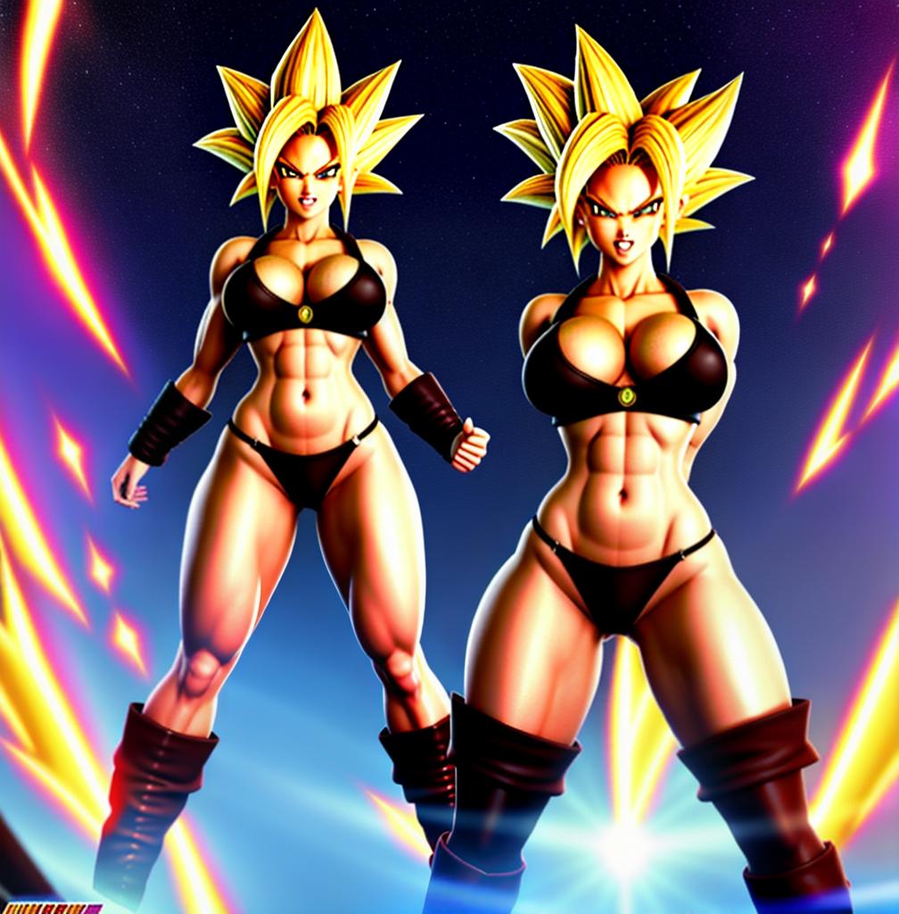  ((foto de cuerpo completo, pie plano, cuerpo recto)), ((laura {Super Super Saiyan mujer con grandes pechos})), ((lleva puesto son goku+Los disfraces de ella son extremadamente ajustados a su cuerpo.))