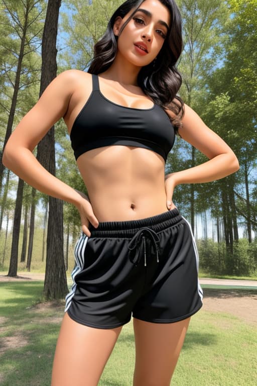  Middle eastern female, medium round s, black gym shorts, outdoor, woods, creek