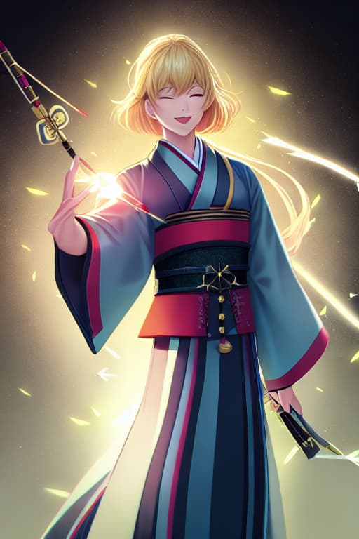  solo,looking at viewer,smile,open mouth,blonde hair,1boy,holding,male focus,one eye closed,japanese clothes,wide sleeves,kimono,hakama,hakama skirt,green background,arrow (projectile),haori,hamaya,ema hyperrealistic, full body, detailed clothing, highly detailed, cinematic lighting, stunningly beautiful, intricate, sharp focus, f/1. 8, 85mm, (centered image composition), (professionally color graded), ((bright soft diffused light)), volumetric fog, trending on instagram, trending on tumblr, HDR 4K, 8K