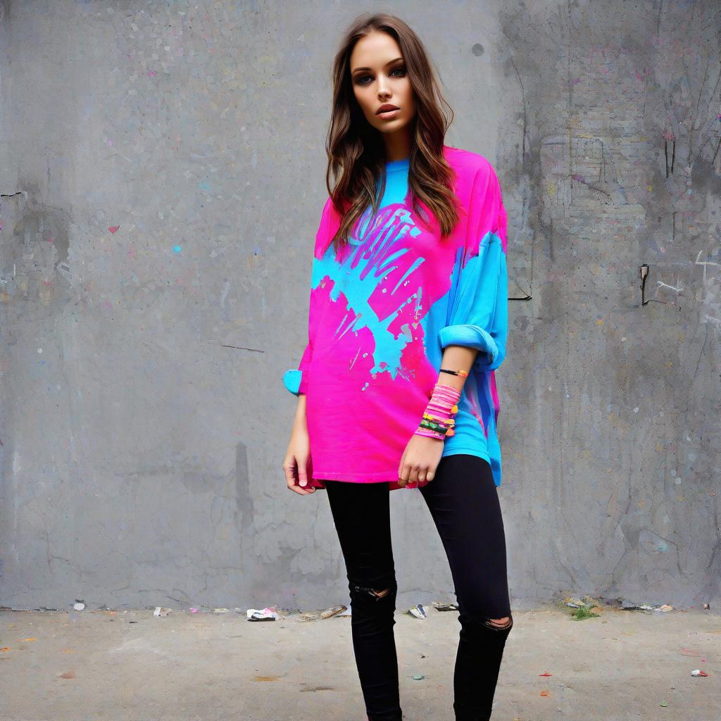  Sure! Here's a design for an oversized shirt that is colorful, has graffiti, and a destroyed look:

1. Colorful Base:
   - Start with a loose-fitting oversized shirt in a bright and vibrant color like neon pink or electric blue. The color should be eye-catching and bold.

2. Graffiti Design:
   - Use a combination of spray paint and fabric markers to create a graffiti design on the front and back of the shirt. Incorporate various colors, shapes, and patterns to give it a dynamic and urban look.
   - Write words or phrases in bold lettering using different graffiti styles. You can include phrases like "Street Vibes," "Urban Rebel," or any other graffiti-inspired words that resonate with the design.

3. Destroyed Look:
   - To achieve the des