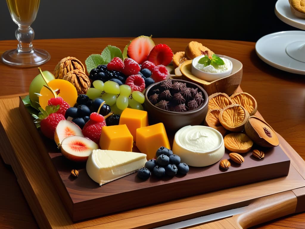  An ultradetailed image of a sophisticated cheese platter paired with a selection of decadent desserts, showcasing a variety of exotic cheeses like mascarpone and burrata alongside sweet treats like fruit tarts and chocolate fondue. The cheeses are elegantly displayed on a sleek wooden board with intricate patterns, surrounded by vibrant berries, figs, and nuts. The desserts are artfully arranged on delicate porcelain plates, drizzled with honey and dusted with powdered sugar, creating a visually stunning and appetizing contrast of flavors and textures. hyperrealistic, full body, detailed clothing, highly detailed, cinematic lighting, stunningly beautiful, intricate, sharp focus, f/1. 8, 85mm, (centered image composition), (professionally color graded), ((bright soft diffused light)), volumetric fog, trending on instagram, trending on tumblr, HDR 4K, 8K