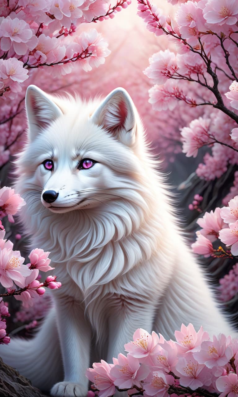  (Double exposure: 1.9) and the interpenetration of layers of textures. Expression. Digital animal image of a white Arctic fox (cartoonishness). Pink eyes. Detailed fur with (pink neon lines: 1,6). (Cybernetics: 1,3) and nature: harmony, interpenetration. Glossy surface, ribbed textures, ornamentation. Background: surrealist abstractionism and decorative motifs of cherry blossoms, pink and silver. In the style of art nouveau, romanticism, dreaminess, beauty, plateresco, fantasy. In the manner of works by Jasmine Beckett Griffith, David Galchutt, Mab Graves, Julie Dillon, Yutaka Kagaya. Hyper detailing. complexity of background, attention to detail. 32k hyperrealistic, full body, detailed clothing, highly detailed, cinematic lighting, stunningly beautiful, intricate, sharp focus, f/1. 8, 85mm, (centered image composition), (professionally color graded), ((bright soft diffused light)), volumetric fog, trending on instagram, trending on tumblr, HDR 4K, 8K