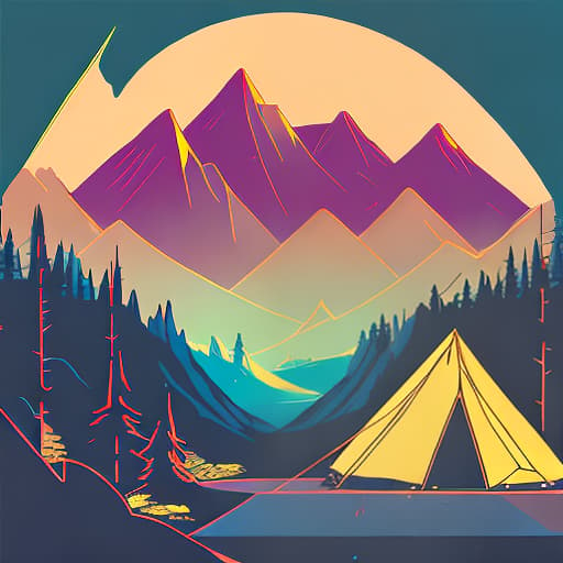 nvinkpunk Whimsical mountains with trees, camping tent and fire