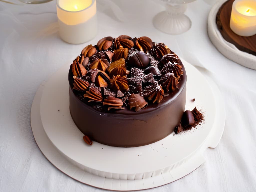  A closeup, ultradetailed image of a delicate chocolate cake topped with ethically sourced, fair trade cocoa beans, beautifully arranged on a simple, elegant white plate. The cake is adorned with intricate chocolate shavings and a dusting of cocoa powder, exuding a sense of luxury and artisanal craftsmanship. The lighting captures every texture and detail, showcasing the rich indulgence of fair trade ingredients in exquisite dessert creations. hyperrealistic, full body, detailed clothing, highly detailed, cinematic lighting, stunningly beautiful, intricate, sharp focus, f/1. 8, 85mm, (centered image composition), (professionally color graded), ((bright soft diffused light)), volumetric fog, trending on instagram, trending on tumblr, HDR 4K, 8K