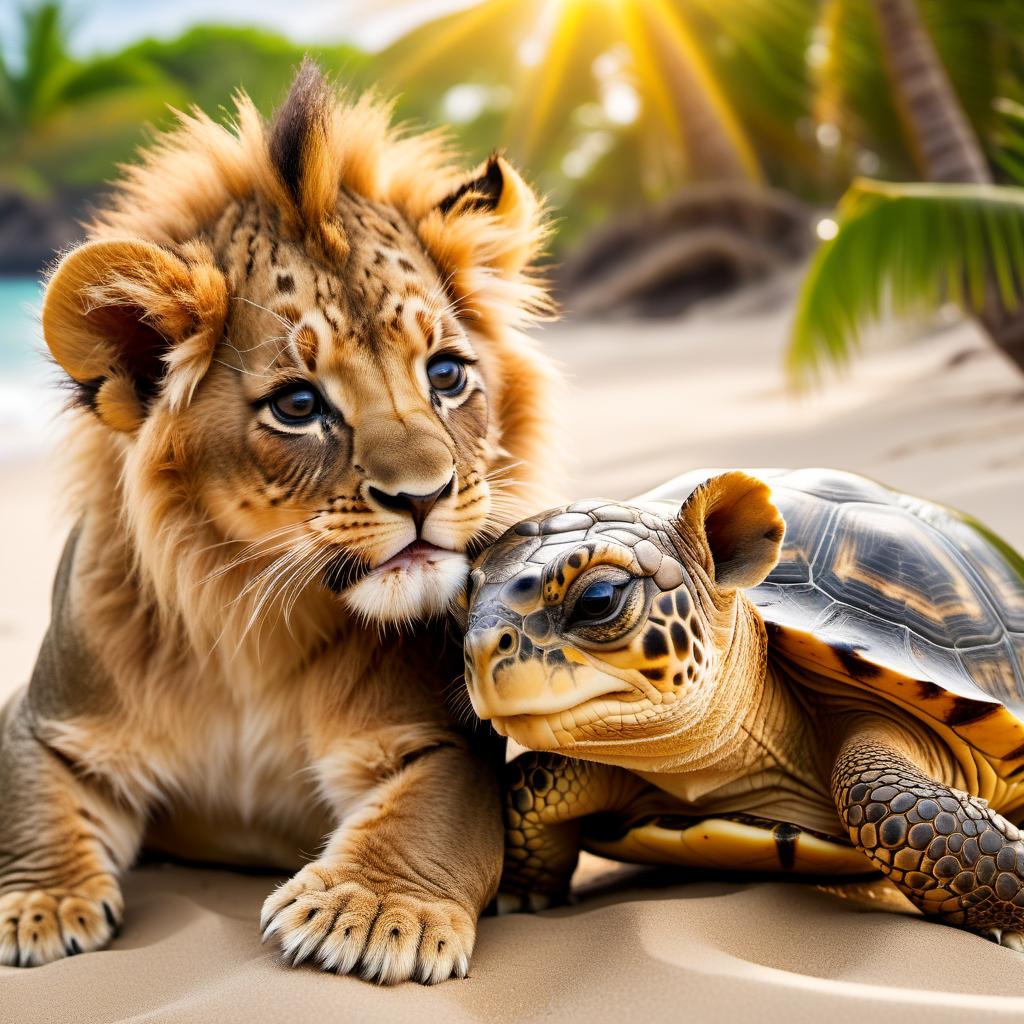  cinematic photo A lion cub and a big turtle lie on the beach and sing a song, a big turtle with a brown shell, a lion cub has a beautiful thick mane, they have fun, they have a good cheerful mood, carefree life, sun, sea, palm tree, . 35mm photograph, film, bokeh, professional, 4k, highly detailed