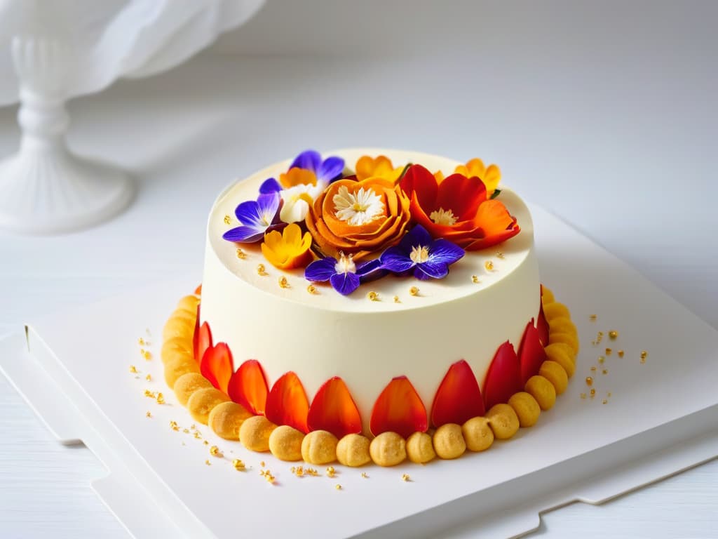  A minimalist image of a stunning 3D dessert creation, featuring intricate layers of colorful geometric shapes delicately balanced on a sleek white plate. The dessert is elegantly garnished with edible flowers and gold leaf accents, set against a soft, blurred background to highlight the precision and artistry of the pastry chef's work. hyperrealistic, full body, detailed clothing, highly detailed, cinematic lighting, stunningly beautiful, intricate, sharp focus, f/1. 8, 85mm, (centered image composition), (professionally color graded), ((bright soft diffused light)), volumetric fog, trending on instagram, trending on tumblr, HDR 4K, 8K