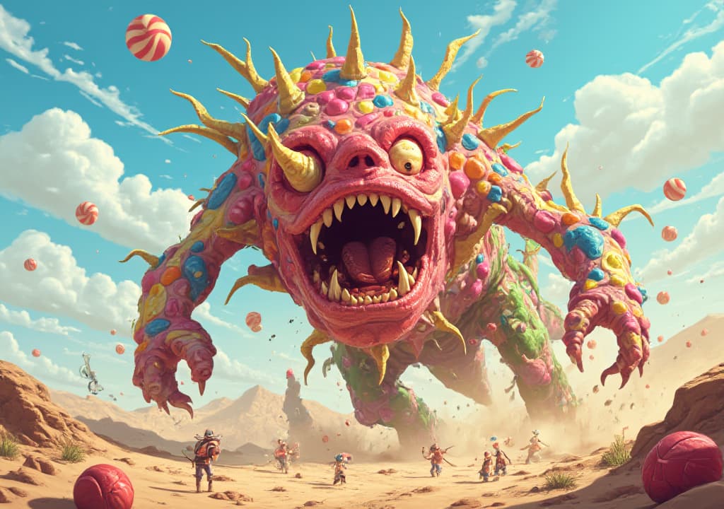  good quality, high quality, a colossal candy themed monster rampaging through a desert landscape, with vibrant colors and exaggerated proportions, scattering small figures in its path | surreal, cartoonish style, dynamic action, bright daylight | vibrant colors, fantasy setting