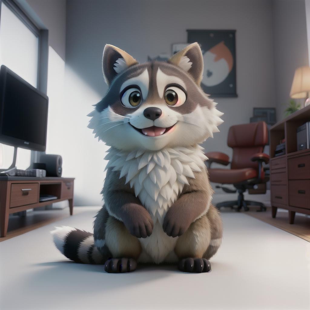  raccoon sitting in gaming chair front a computer on desktop, ((semi anthropomorphic)),(full body), tail, belly, sitting, fat, (chubby), (((white background))), solo, desktop, gaming chair, side view,  [[[clothes]]] hyperrealistic, full body, detailed clothing, highly detailed, cinematic lighting, stunningly beautiful, intricate, sharp focus, f/1. 8, 85mm, (centered image composition), (professionally color graded), ((bright soft diffused light)), volumetric fog, trending on instagram, trending on tumblr, HDR 4K, 8K