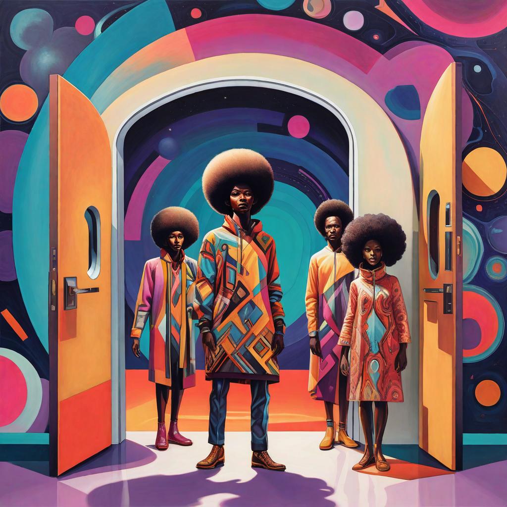  abstract artwork, afro people at the doors of the future