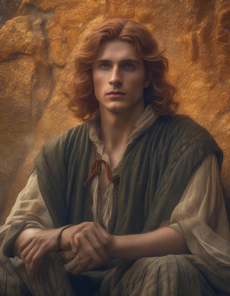  the era of the Middle Ages, the maximum close up, dark moonlit night, the most detailed portrait of a cute freckled old boy with tousled red hair, in light peasant clothes of the Tudor era, raising his head sits on a stone in deep thought and looks at the starry sky, expressive gray green eyes drawn in the most detail, long eyelashes, maximum detail, fine details, saturated colors, image in the style of Daniel F. Gerhartz and Eugene de Blaas, maximum emphasis on the face, , saturated colors, hyperrealistic, full body, detailed clothing, highly detailed, cinematic lighting, stunningly beautiful, intricate, sharp focus, f/1. 8, 85mm, (centered image composition), (professionally color graded), ((bright soft diffused light)), volumetric fog, trending on instagram, trending on tumblr, HDR 4K, 8K