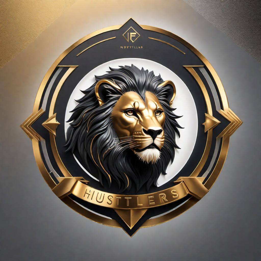  Create a modern and impactful logo featuring the words 'Hustlers Motivation' arranged in a circle around a fierce-looking lion. The design should suggest growth, success, and motivation, suitable for profiles on TikTok, Instagram, and YouTube targeted at hustlers and financial enthusiasts. Use a bold color palette with dark colors like gold, black, and silver. Incorporate visual elements such as upward arrows and currency to further emphasize the theme of ambition and achievement. The font should be sleek and futuristic, resonating with a young, entrepreneurial audience. hyperrealistic, full body, detailed clothing, highly detailed, cinematic lighting, stunningly beautiful, intricate, sharp focus, f/1. 8, 85mm, (centered image composition), (professionally color graded), ((bright soft diffused light)), volumetric fog, trending on instagram, trending on tumblr, HDR 4K, 8K