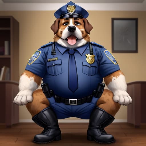  saint bernard (old, fat, dilf, police officer, wearing police uniform, wearing boots, wearing collar). puppy play., open eyes, digital art, masterpiece, 4k, fine details,