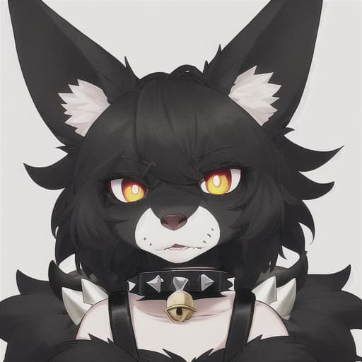  furry with just black fur, 4 eyes, red pupils and yellow eyes, big ears and a spiked collar with a white bell in the collar
