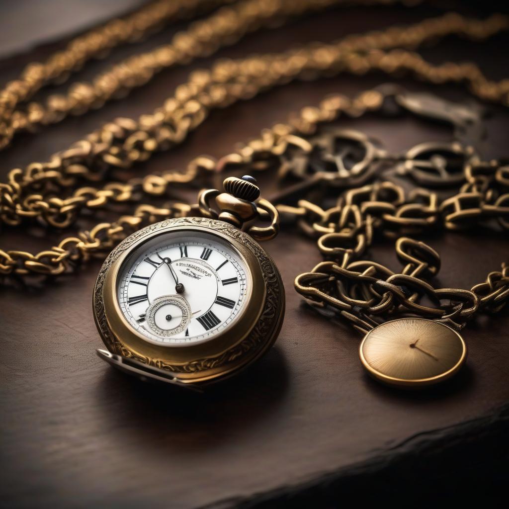  cinematic film still In the center of the picture are antique pocket watches on a chain. The watches are open and lying on a table. There are five hands on the dial. The style is mysterious. . shallow depth of field, vignette, highly detailed, high budget, bokeh, cinemascope, moody, epic, gorgeous, film grain, grainy hyperrealistic, full body, detailed clothing, highly detailed, cinematic lighting, stunningly beautiful, intricate, sharp focus, f/1. 8, 85mm, (centered image composition), (professionally color graded), ((bright soft diffused light)), volumetric fog, trending on instagram, trending on tumblr, HDR 4K, 8K