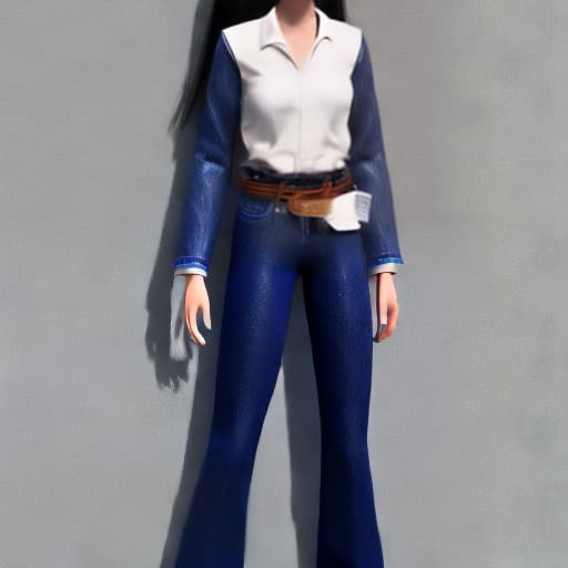 redshift style oriental girl long black hair she in dark deep blue flare jeans, best classic jeans with belt and classic white shirt nature east ornament make flirt jeans destroy whith one girl and two men