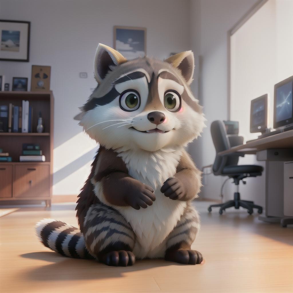  raccoon sitting in gaming chair front a computer on desktop, ((semi anthropomorphic)),(full body), tail, belly, sitting, fat, (chubby), (((white background))), solo, desktop, gaming chair, side view,  [[[clothes]]] hyperrealistic, full body, detailed clothing, highly detailed, cinematic lighting, stunningly beautiful, intricate, sharp focus, f/1. 8, 85mm, (centered image composition), (professionally color graded), ((bright soft diffused light)), volumetric fog, trending on instagram, trending on tumblr, HDR 4K, 8K