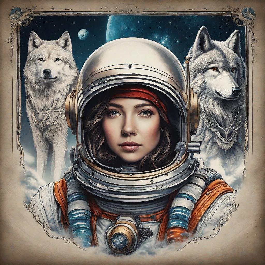  masterpiece, best quality, the astronaut and wolf tattoo design