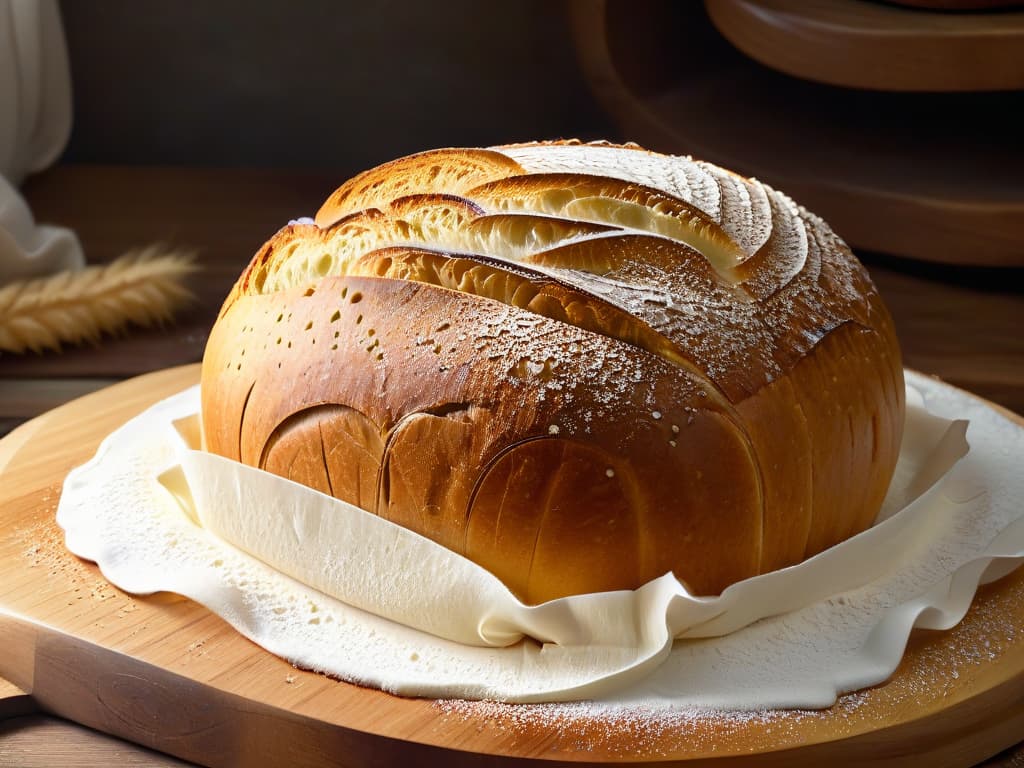  A closeup, photorealistic image of a perfectly goldenbrown loaf of artisanal sourdough bread, sprinkled with a dusting of flour, sitting on a rustic wooden cutting board. The bread has a beautifully scored crust, emitting steam, with small air pockets visible inside, showcasing the expertise and skill of a professional baker. The lighting is soft, creating a warm and inviting atmosphere, highlighting the craftsmanship and artistry of breadmaking. hyperrealistic, full body, detailed clothing, highly detailed, cinematic lighting, stunningly beautiful, intricate, sharp focus, f/1. 8, 85mm, (centered image composition), (professionally color graded), ((bright soft diffused light)), volumetric fog, trending on instagram, trending on tumblr, HDR 4K, 8K