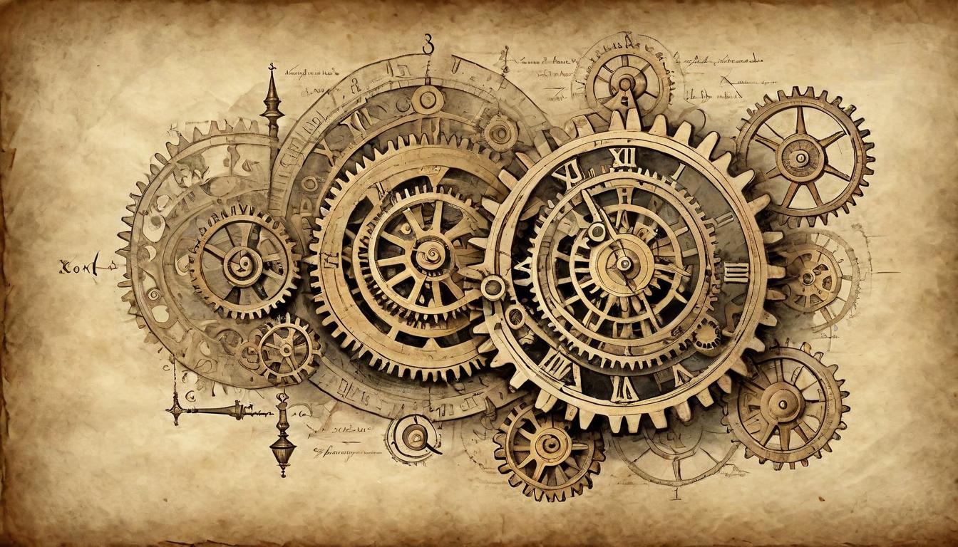  on parchment, surrealism+++, Ancient clockwork mechanism, gears and cogs intricately interlocked, glowing with ethereal light, old parchment background, mystical and arcane(mysterious, provocative, symbolic,muted color)+++