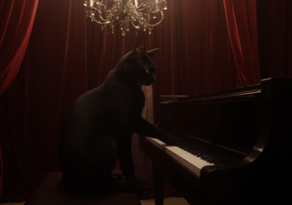  good quality, high quality, a cat, sitting upright on a grand piano, with its paws delicately pressing the keys. the setting is a luxurious, dimly lit room with velvet curtains and a chandelier overhead. the cat is a sleek, black feline with a shiny coat, and its eyes are focused intently on the keys as if it’s deeply engrossed in the music. the piano is polished to a high sheen, reflecting the soft glow of the chandelier, and there’s a faint sense of magic in the air.