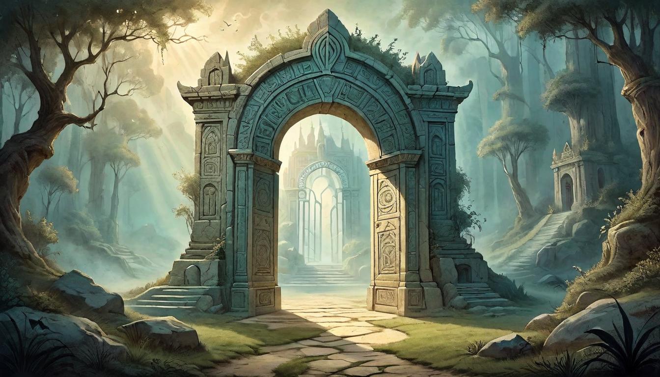  on parchment, surrealism+++, A majestic ancient doorway opening to an ethereal light, shadows casting intricate patterns on the ground, mystical symbols adorning the portal, illuminating impact, profound, transcendent(mysterious, provocative, symbolic,muted color)+++