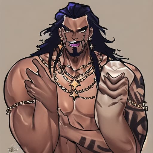  A scary tall man with tanned skin buff body wearing rose gold necklace and holding a big chain with seven stars tattooed on his tongue, and two black circles