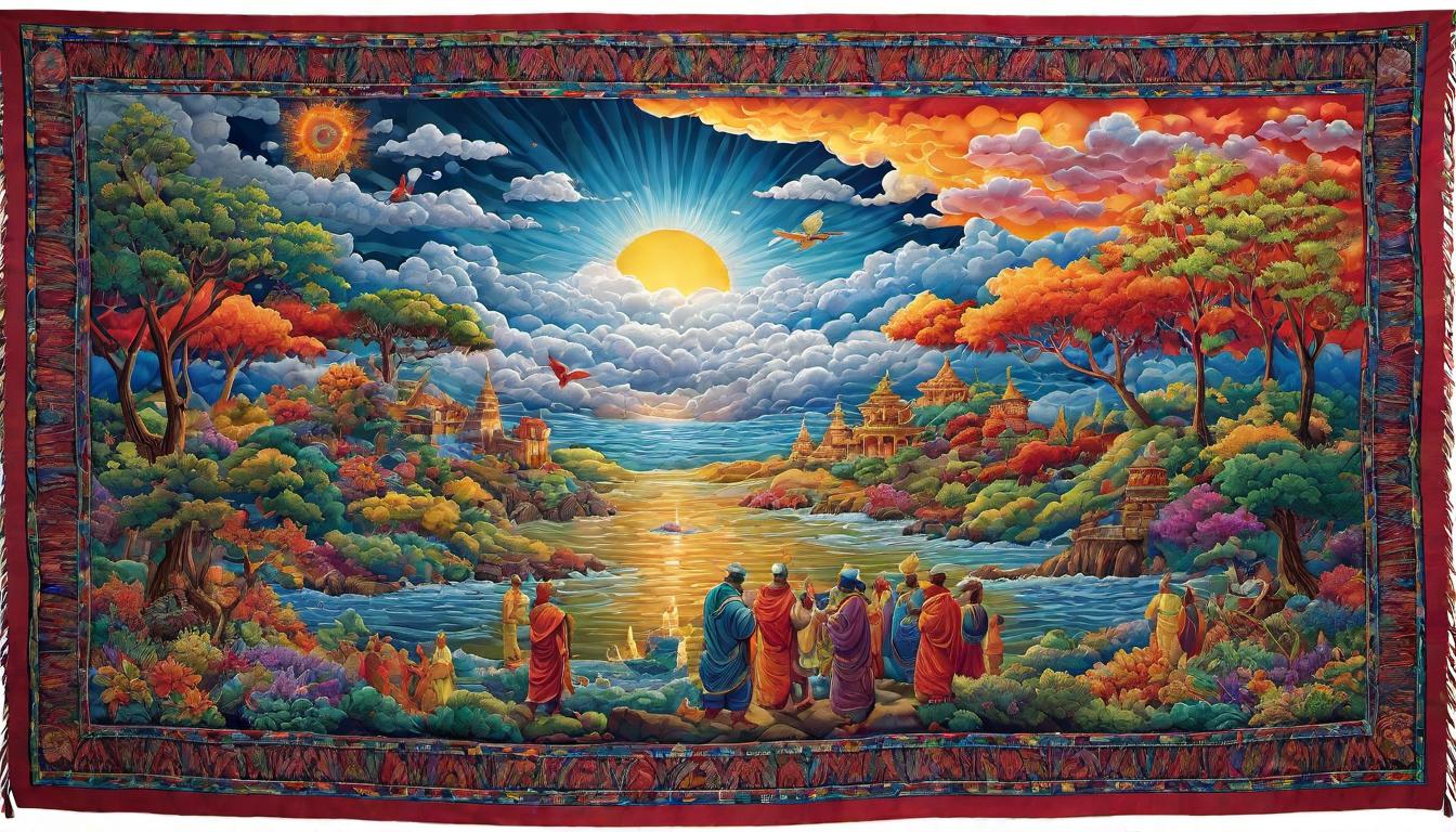  digital illustration A tapestry woven from threads of light, displaying scenes of unity and wisdom, collective crafting, intricate patterns of connection, weaving enlightenment, artistic embodiment, interconnected stories looking at viewer, dynamic pose, (intricate details, masterpiece, best quality)