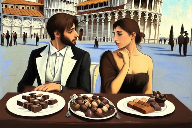  Attractive Beautiful young modern Italian couple dressed in modern designer attire looking. Foreground plates of fine dark chocolates on a table. Background leaning tower of Pisa. Painting style of Edgar Degas