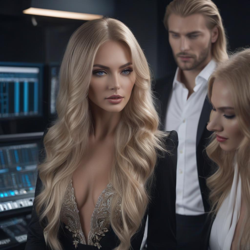  A man in a black suit, next to beautiful Russian girls in dresses, long blonde hair, blue eyes, full lips, close up, music studio, high detail of the face and hands hyperrealistic, full body, detailed clothing, highly detailed, cinematic lighting, stunningly beautiful, intricate, sharp focus, f/1. 8, 85mm, (centered image composition), (professionally color graded), ((bright soft diffused light)), volumetric fog, trending on instagram, trending on tumblr, HDR 4K, 8K