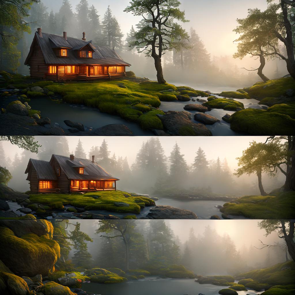  ((masterpiece)),(((best quality))), 8k, high detailed, ultra-detailed, A cozy cabin in the woods, (smoke rising from the chimney), (rustic wooden furniture), (crackling fireplace), (moss-covered rocks) hyperrealistic, full body, detailed clothing, highly detailed, cinematic lighting, stunningly beautiful, intricate, sharp focus, f/1. 8, 85mm, (centered image composition), (professionally color graded), ((bright soft diffused light)), volumetric fog, trending on instagram, trending on tumblr, HDR 4K, 8K