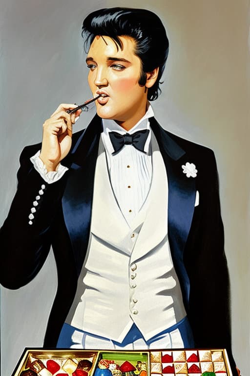  Elvis Presley wearing a white tuxedo with bow tie holding an open box of fine chocolates. Painted in the style of Édouard Manet